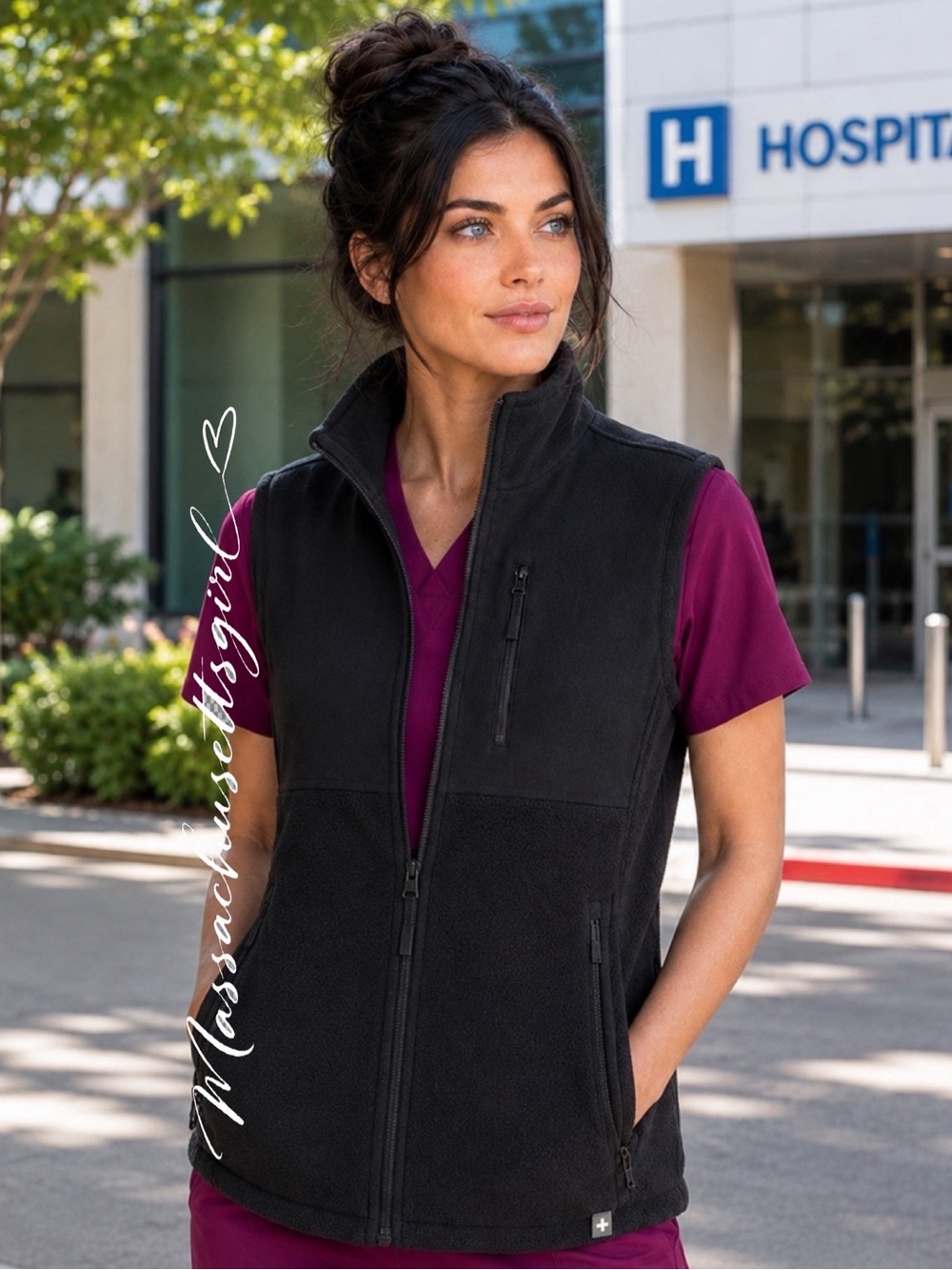 FIGS On-Shift Mixed Media Fleece Scrub Vest Black Size Medium